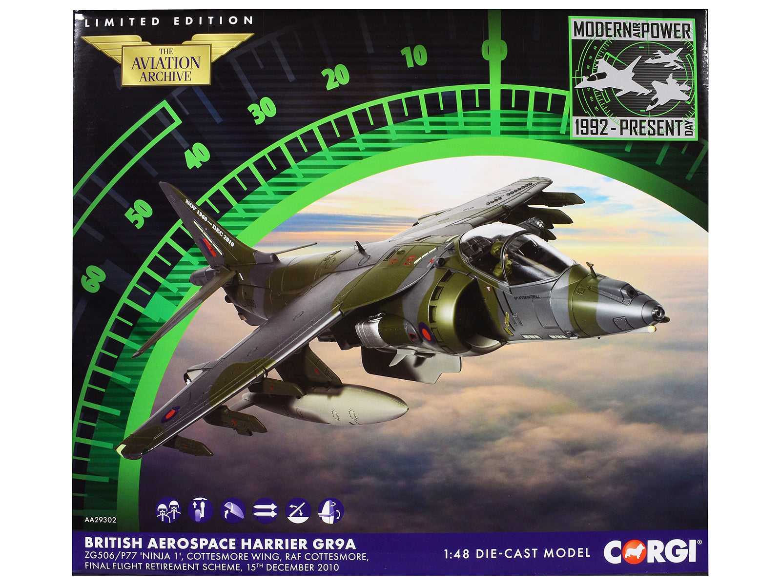 British Aerospace Harrier GR9A Aircraft "ZG506/P77 Ninja 1 RAF Cottesmore Final Flight Retirement Scheme" (2010) Royal Air Force "The Aviation Archive" Series 1/48 Diecast Model by Corgi