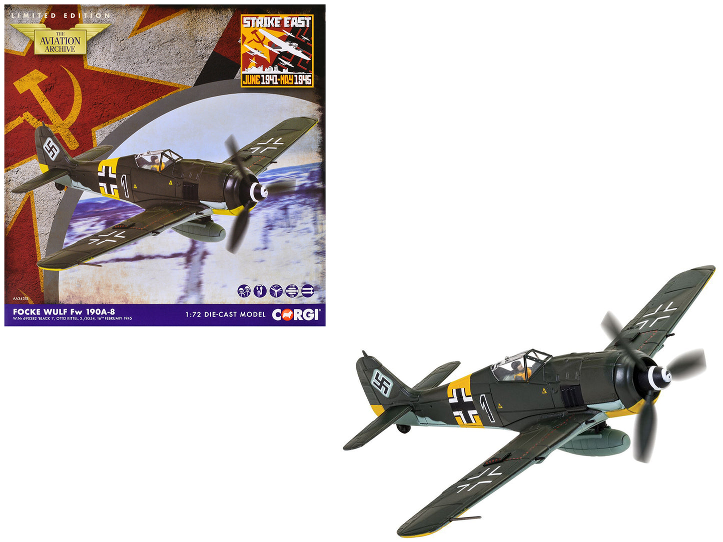 Focke-Wulf Fw 190A-8 Fighter Aircraft "Black 1 Oberleutnant Otto Kittel 2./JG54" (1945) German Luftwaffe "The Aviation Archive" Series 1/72 Diecast Model by Corgi