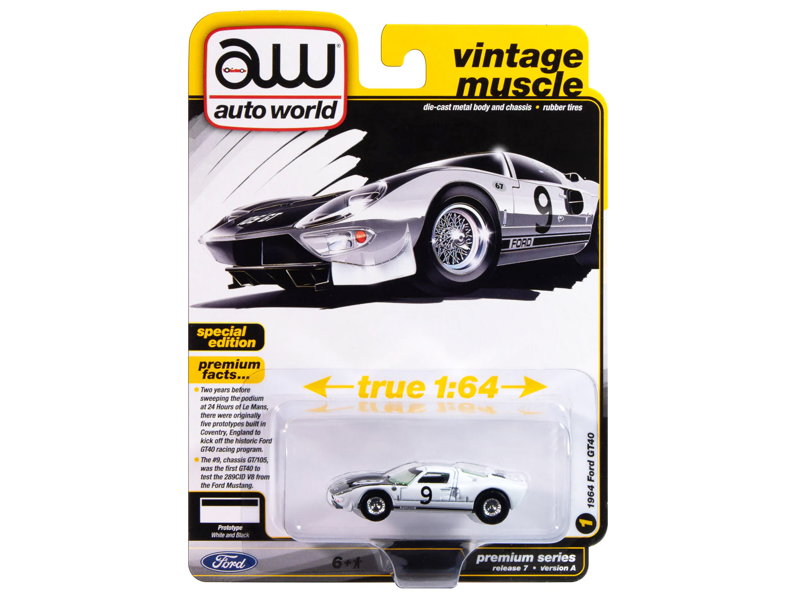 1964 Ford GT40 #9 White with Black Hood and Stripes "Vintage Muscle" Series 1/64 Diecast Model Car by Auto World