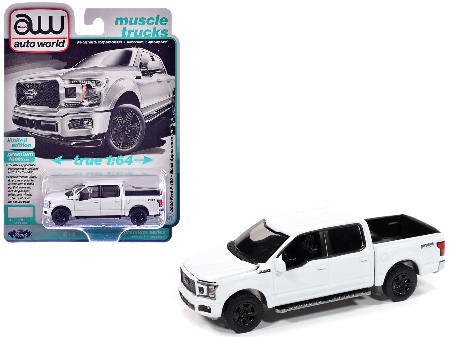 2020 Ford F-150 FX4 Black Appearance Package Pickup Truck Oxford White "Muscle Trucks" Series 1/64 Diecast Model Car by Auto World