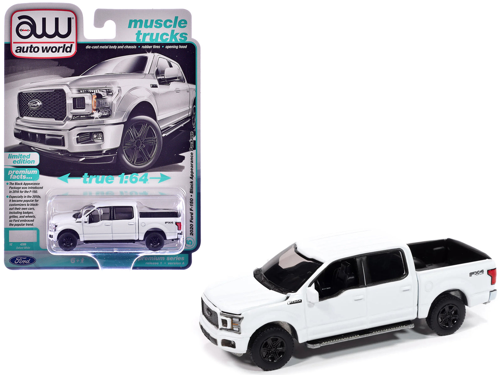 2020 Ford F-150 FX4 Black Appearance Package Pickup Truck Oxford White "Muscle Trucks" Series 1/64 Diecast Model Car by Auto World