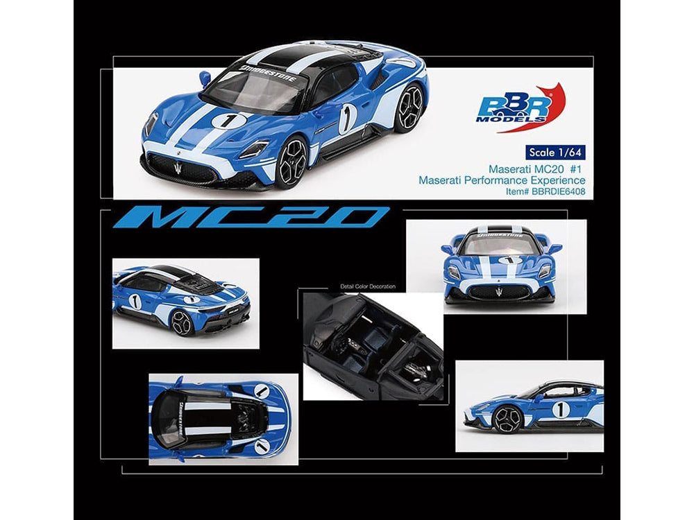 Maserati MC20 #1 Blue with White Stripes and Black Top "Maserati Performance Experience" 1/64 Diecast Model Car by BBR