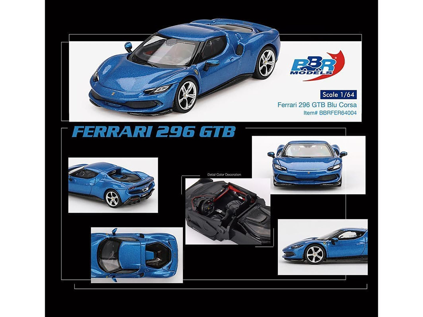 Ferrari 296 GTB Blue Corsa 1/64 Diecast Model Car by BBR