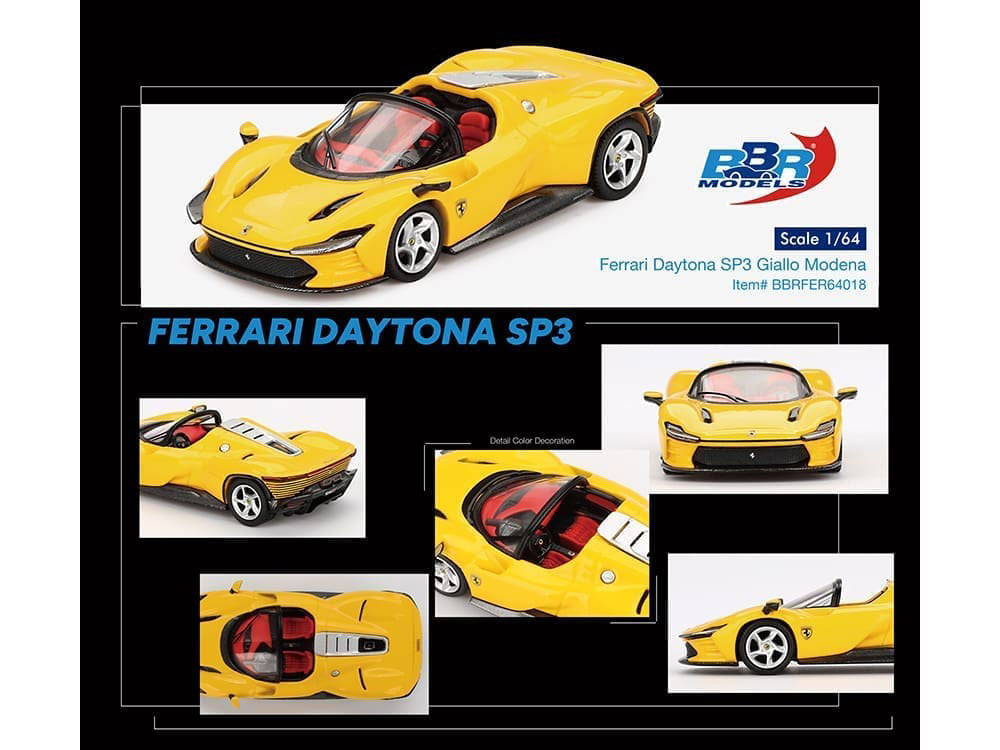 Ferrari Daytona SP3 Giallo Modena Yellow with Red Interior 1/64 Diecast Model Car by BBR