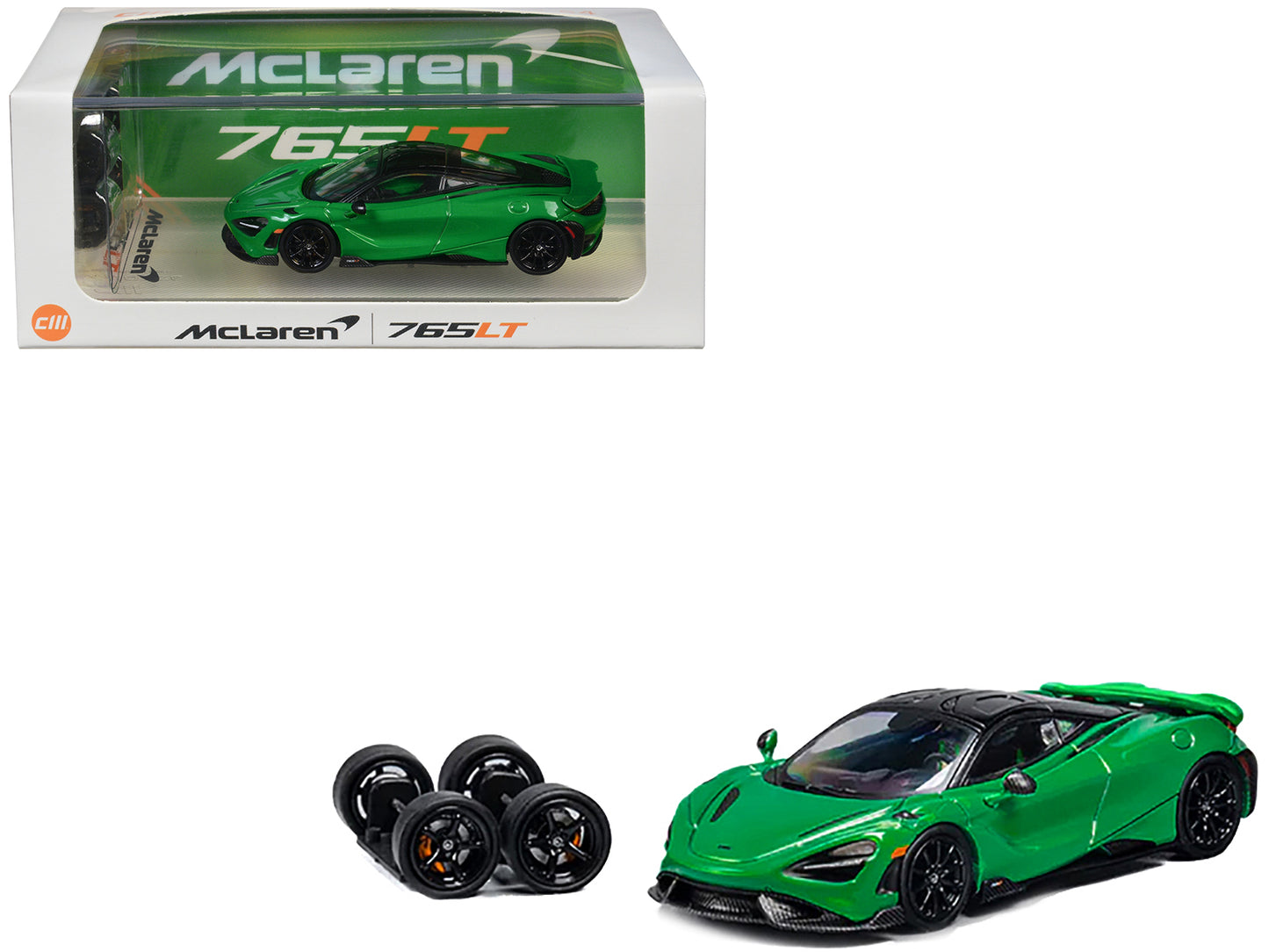 McLaren 765LT Green with Black Top and Extra Wheels 1/64 Diecast Model Car by CM Model