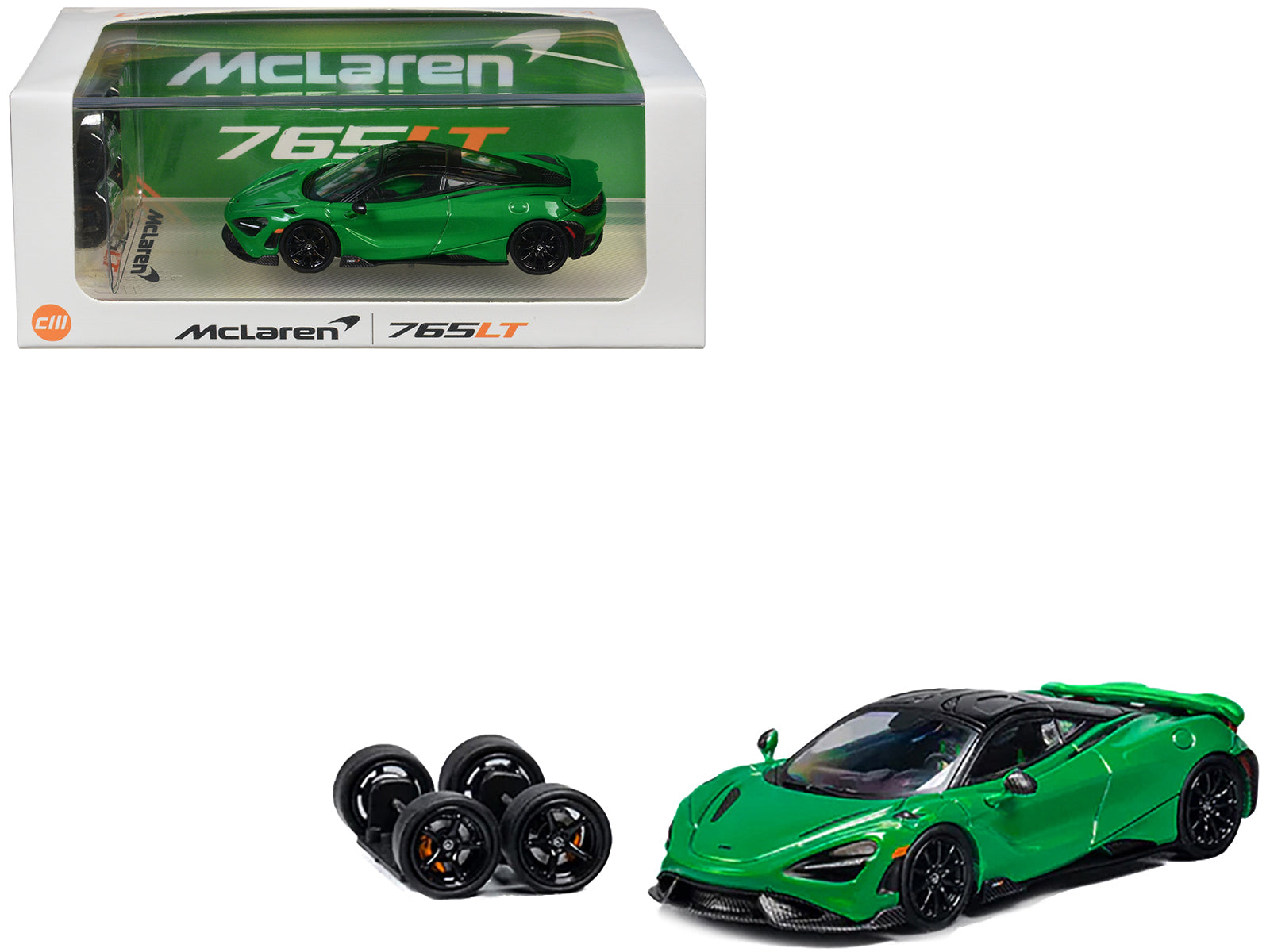 McLaren 765LT Green with Black Top and Extra Wheels 1/64 Diecast Model Car by CM Model