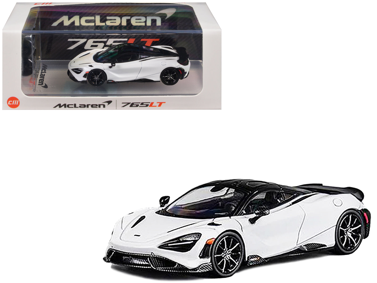 McLaren 765LT White with Black Top and Extra Wheels 1/64 Diecast Model Car by CM Model