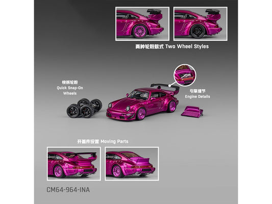 Porsche 964 Widebody Hot Pink Metallic with Extra Wheels and Wing 1/64 Diecast Model Car by CM Model