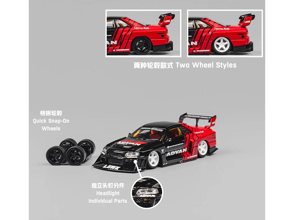 Nissan Skyline LB-ER34 "Super Silhouette" RHD (Right Hand Drive) "ADVAN" Black and Red with Extra Wheels 1/64 Diecast Model Car by CM Model