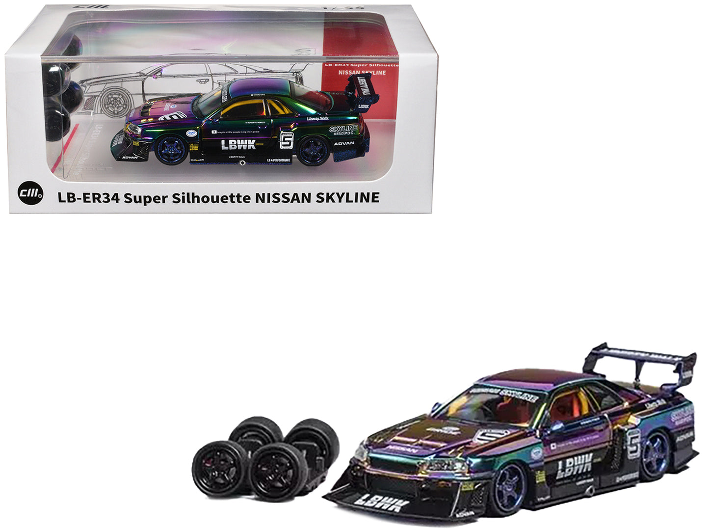 Nissan Skyline LB-ER34 "Super Silhouette" RHD (Right Hand Drive) #5 Chameleon Metallic with Extra Wheels 1/64 Diecast Model Car by CM Model