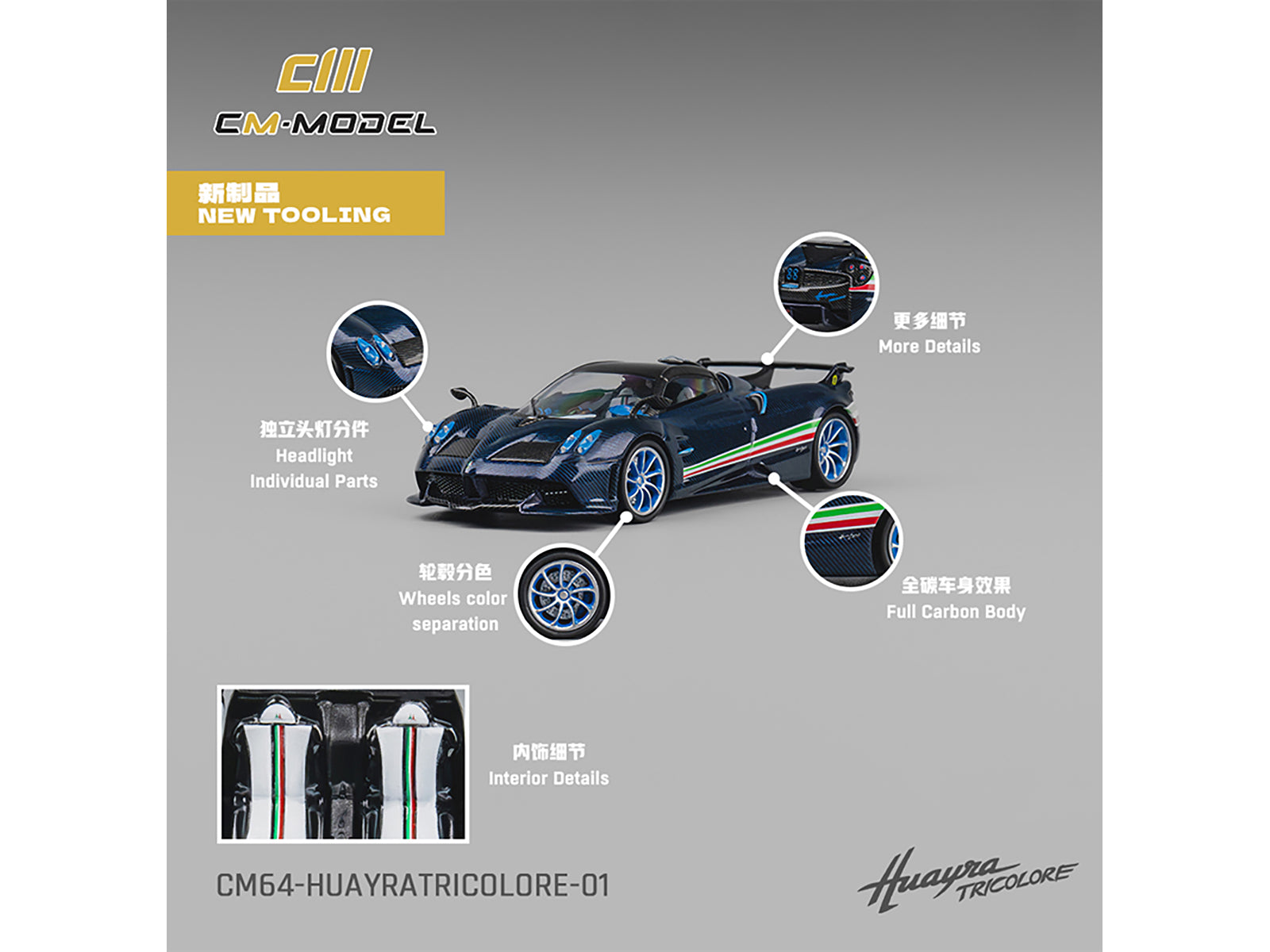 Pagani Huayra Tricolore Blue Carbon Metallic with Black Carbon Top and Italian Flag Stripes 1/64 Diecast Model Car by CM Model