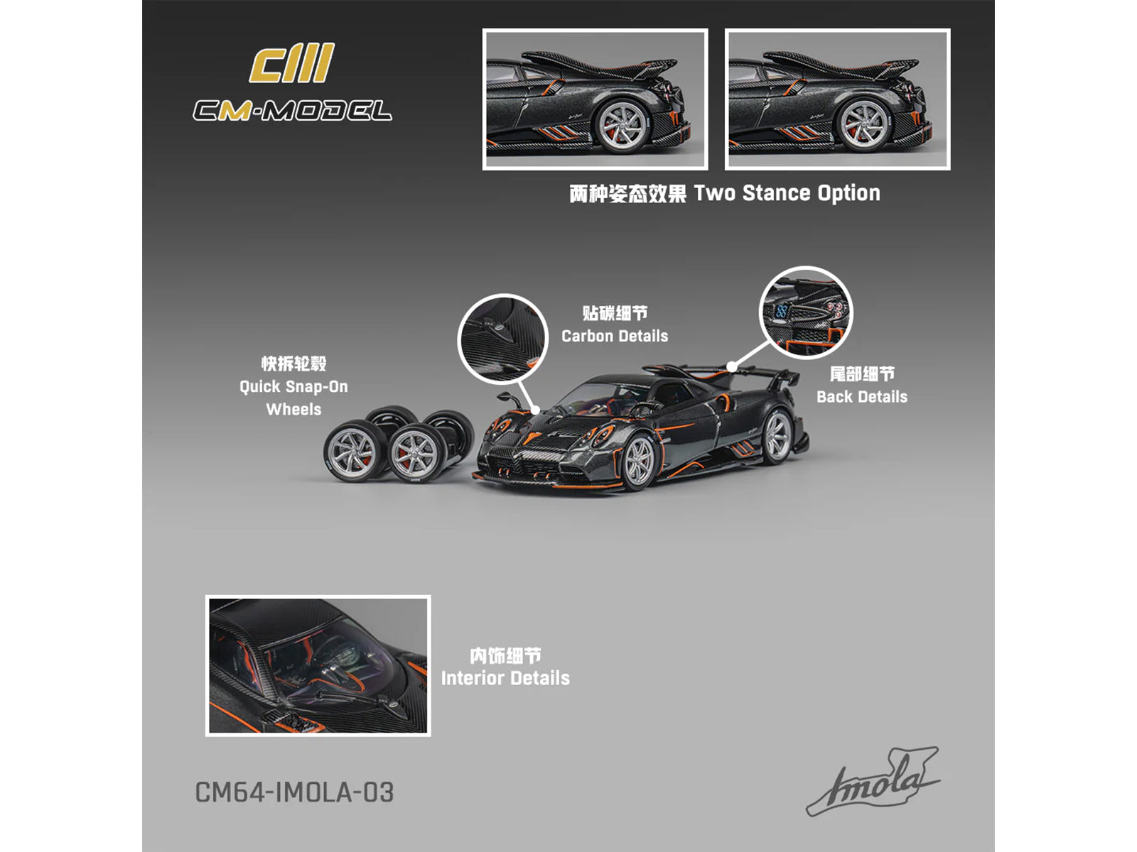 Pagani Imola Dark Gray Metallic with Carbon and Orange Accents with Extra Wheels 1/64 Diecast Model Car by CM Model