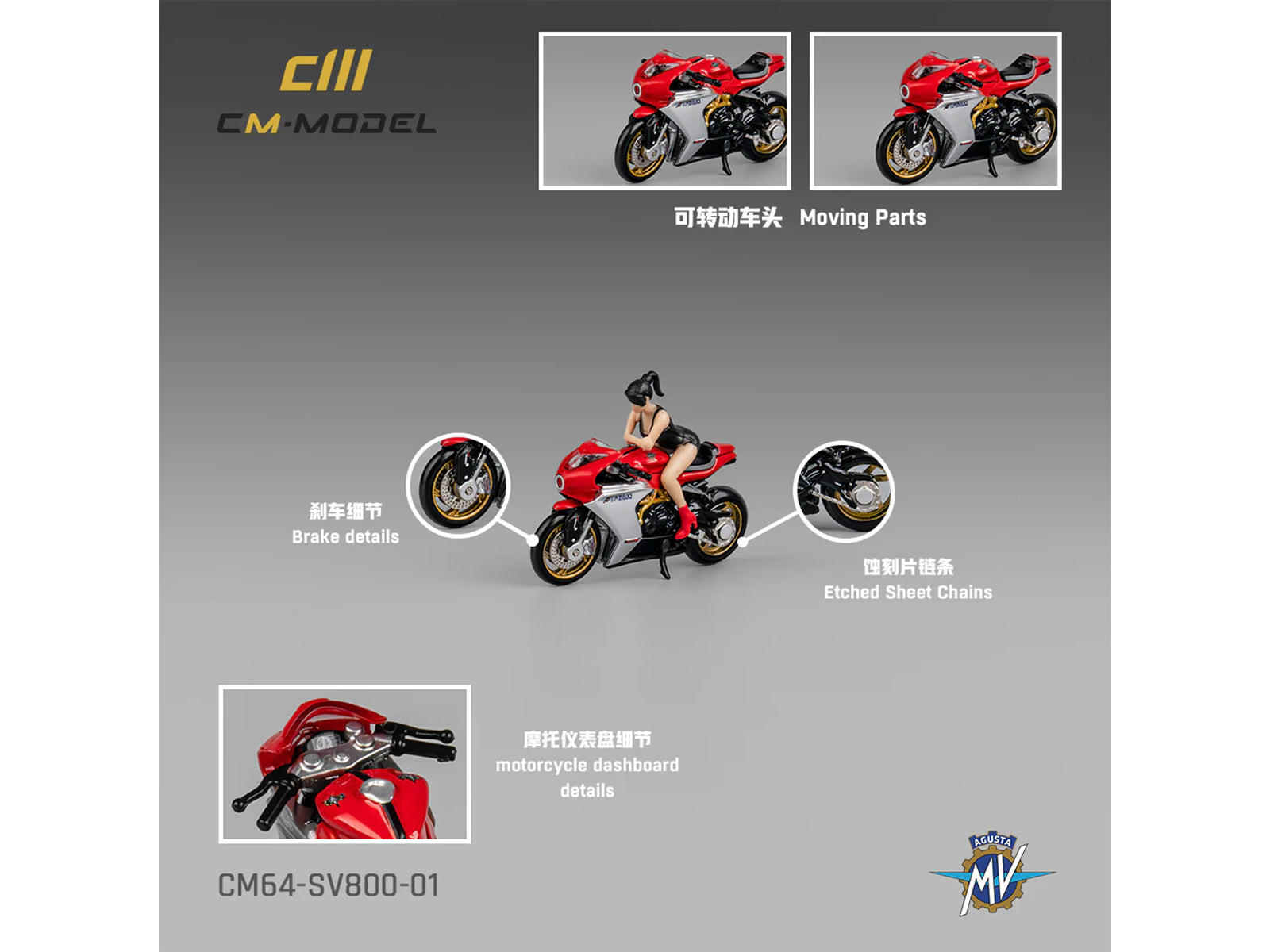 MV Agusta Superveloce 800 Motorcycle Red and Silver with Figure 1/64 Diecast Model by CM Model