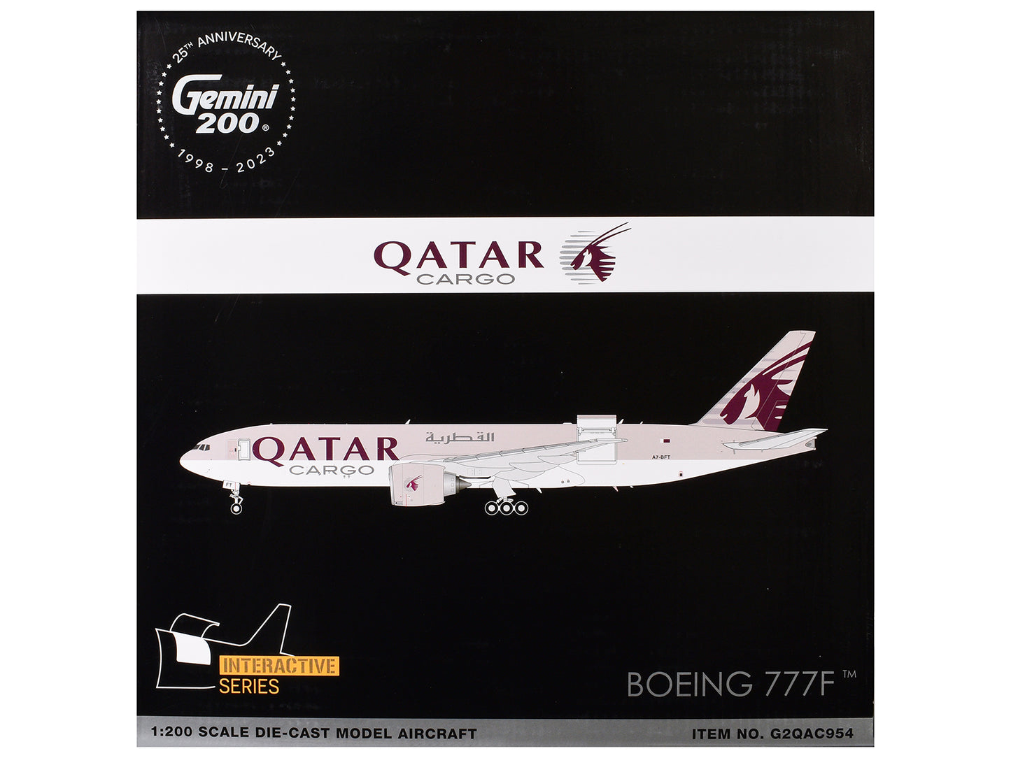 Boeing 777F Commercial Aircraft "Qatar Cargo" (A7-BFT) Gray with Tail Graphics "Gemini 200 - Interactive" Series 1/200 Diecast Model Airplane by GeminiJets