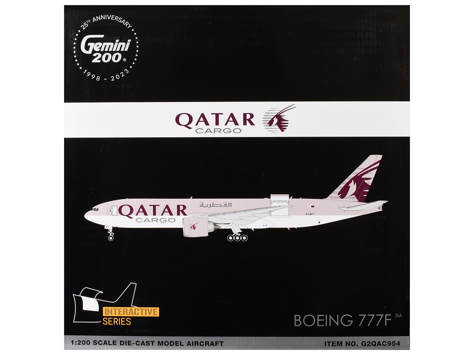 Boeing 777F Commercial Aircraft "Qatar Cargo" (A7-BFT) Gray with Tail Graphics "Gemini 200 - Interactive" Series 1/200 Diecast Model Airplane by GeminiJets