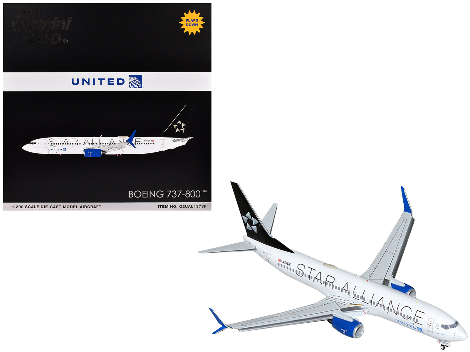 Boeing 737-800 Commercial Aircraft with Flaps Down "United Airlines Star Alliance" (N76516) White with Black Tail "Gemini 200" Series 1/200 Diecast Model Airplane by GeminiJets