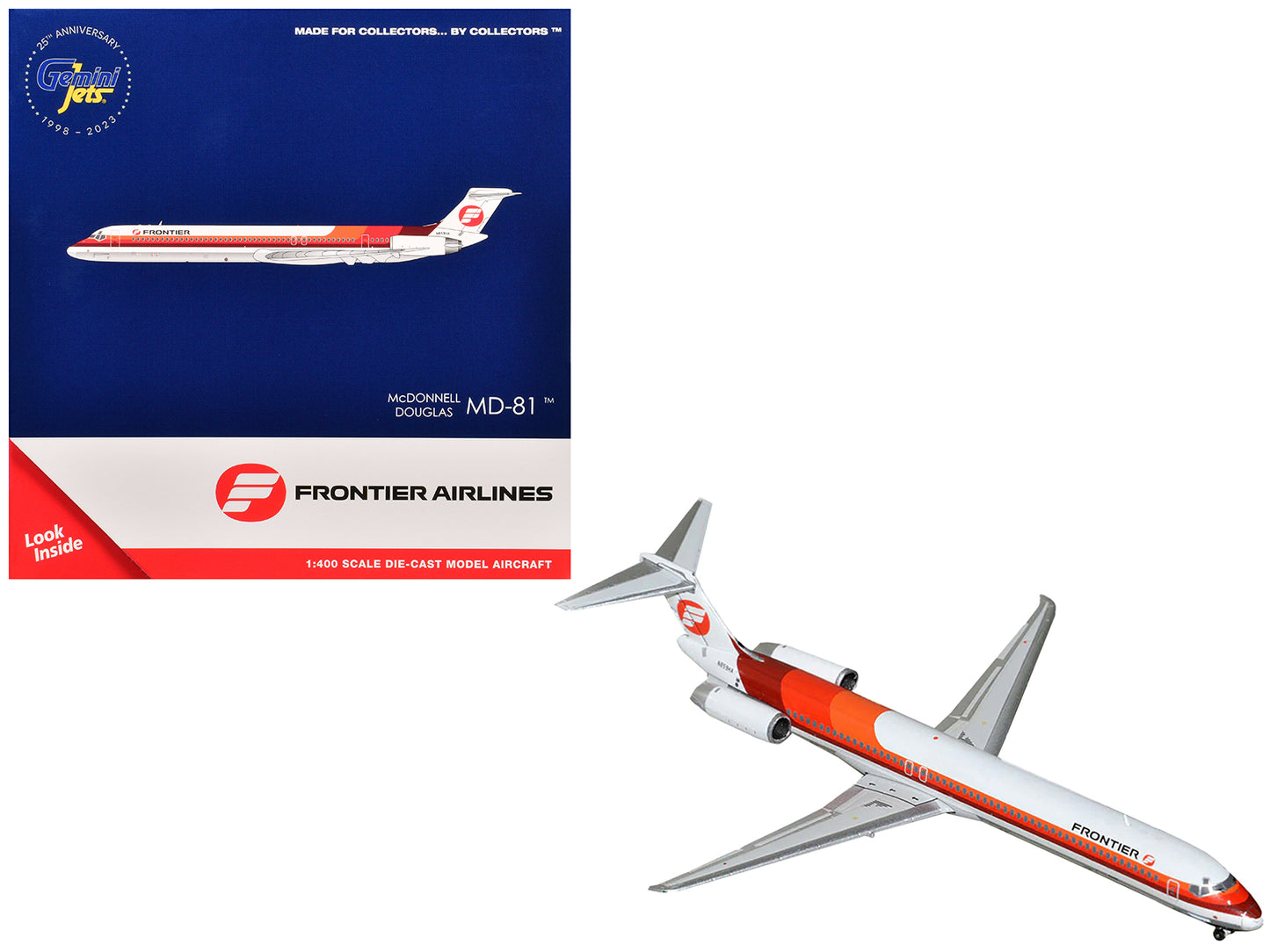 McDonnell Douglas MD-81 Commercial Aircraft "Frontier Airlines" (N859HA) White with Stripes 1/400 Diecast Model Airplane by GeminiJets