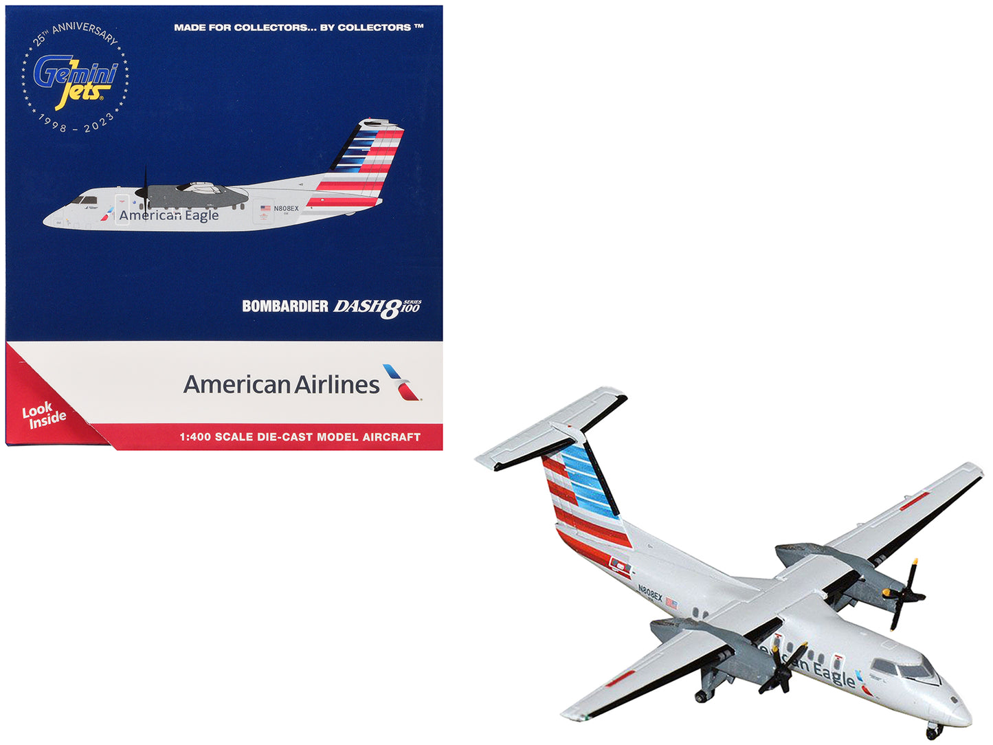 Bombardier Dash 8-100 Commercial Aircraft "American Airlines - American Eagle" (N808EX) Gray with Striped Tail 1/400 Diecast Model Airplane by GeminiJets