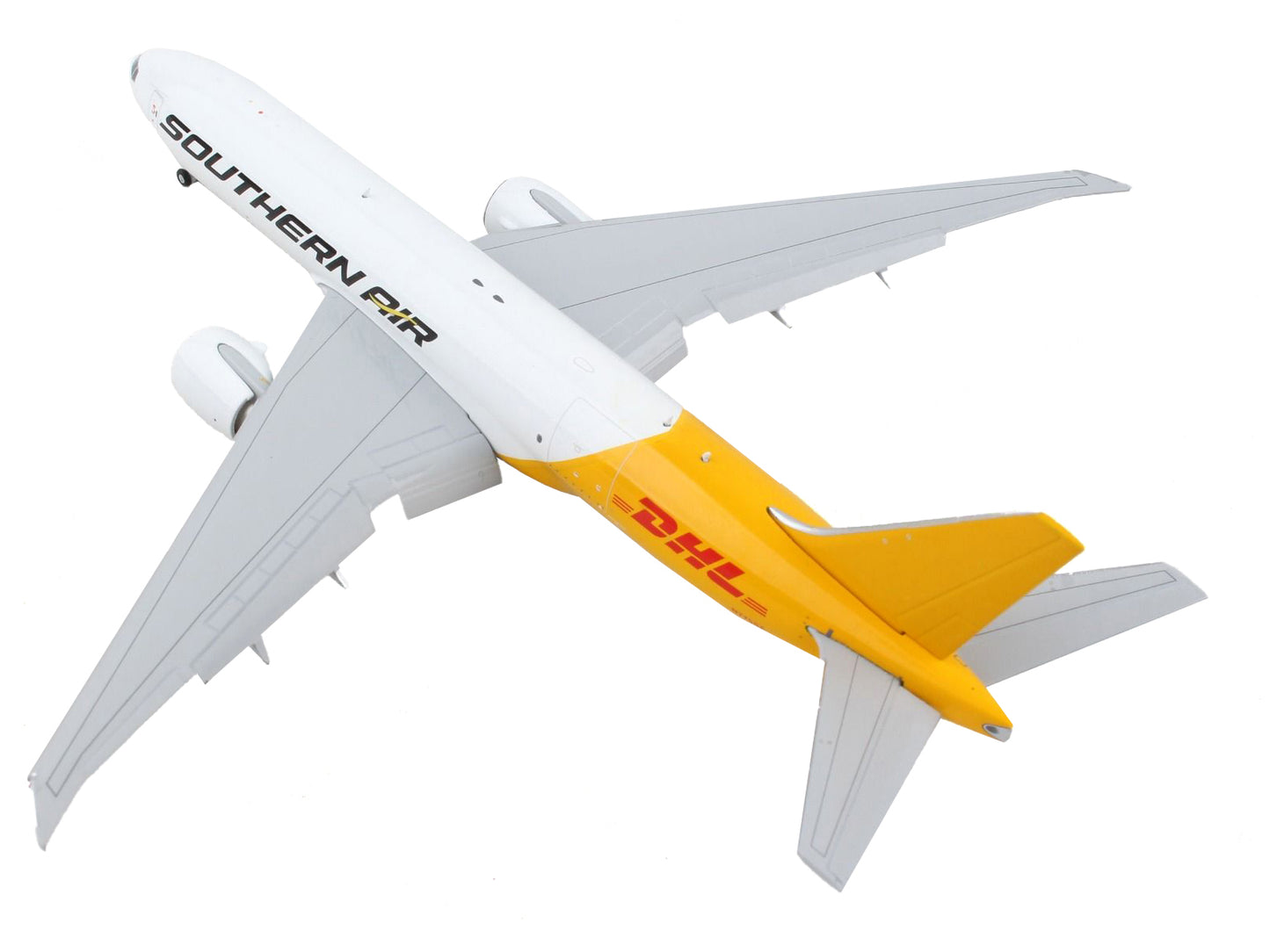 Boeing 777F Commercial Aircraft with Flaps Down "Southern Air - DHL" White and Yellow 1/400 Diecast Model Airplane by GeminiJets