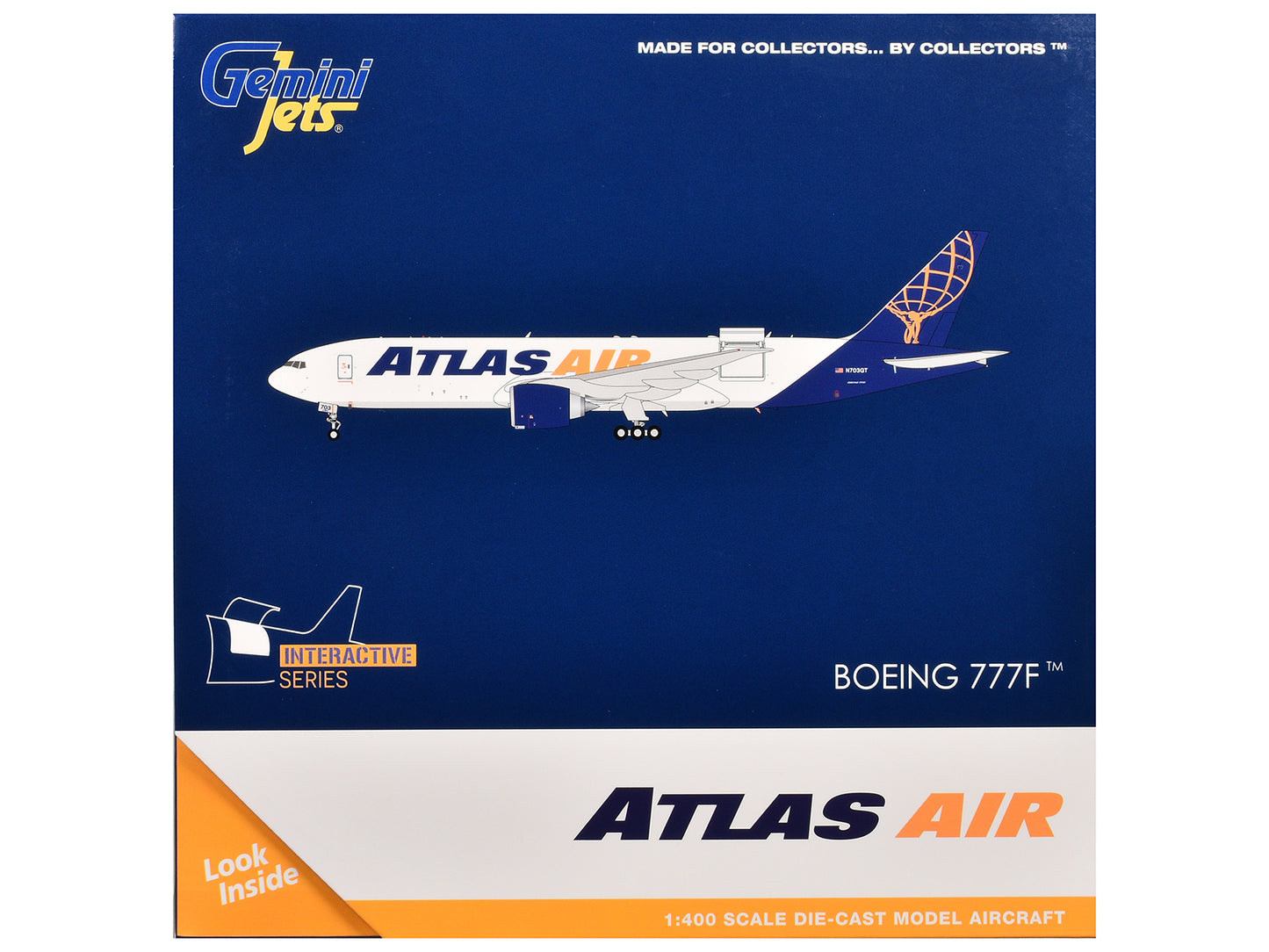 Boeing 777-200LRF Commercial Aircraft "Atlas Air" (N703GT) White with Blue Tail "Interactive Series" 1/400 Diecast Model Airplane by GeminiJets