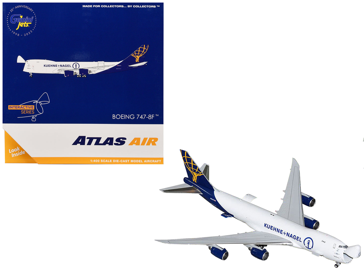 Boeing 747-8F Commercial Aircraft "Atlas Air - Kuehne+Nagel" (N862GT) White with Blue Tail "Interactive Series" 1/400 Diecast Model Airplane by GeminiJets