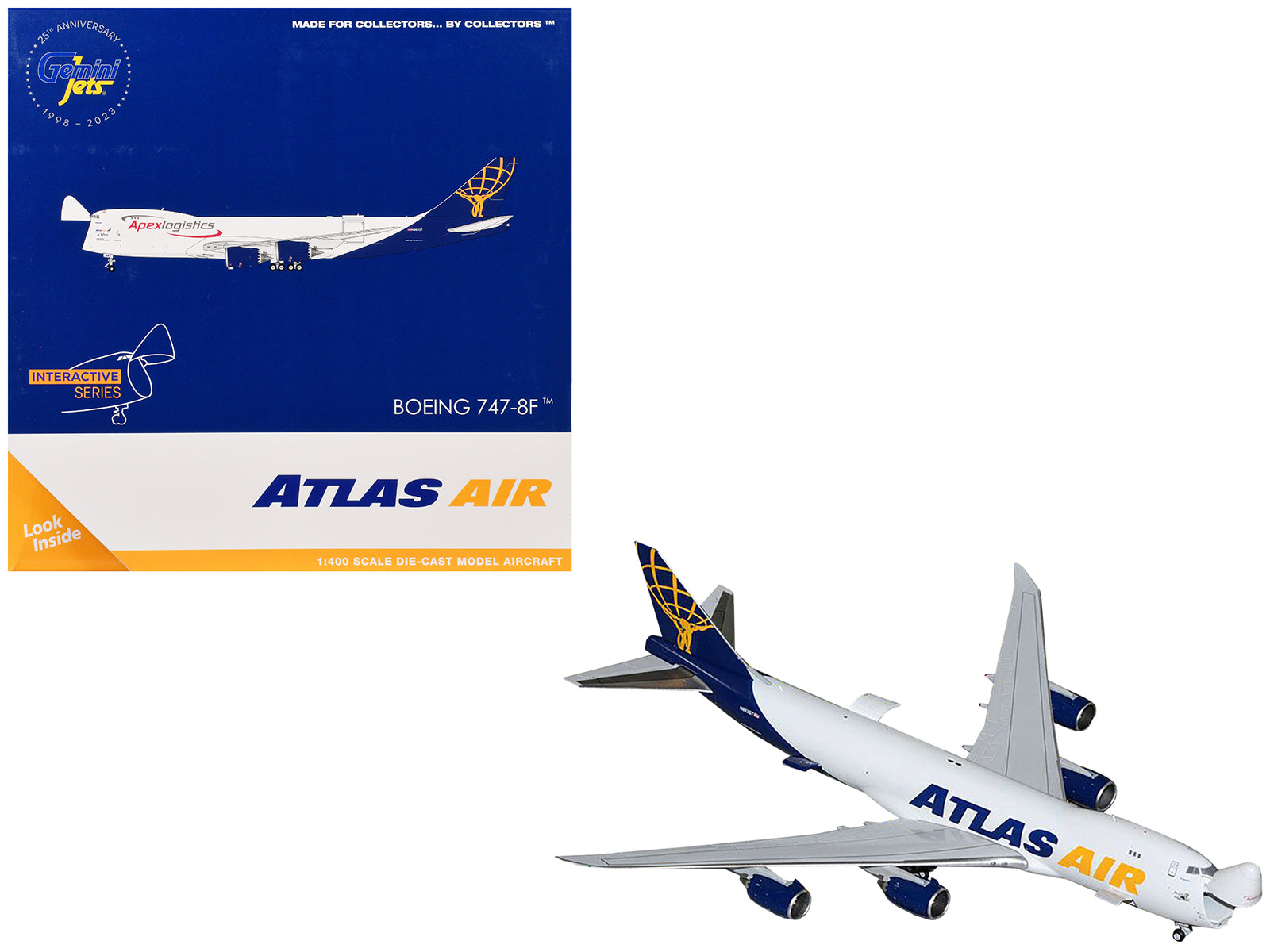 Boeing 747-8F Commercial Aircraft "Atlas Air - Apex Logistics" (N863GT) White with Blue Tail "Interactive Series" 1/400 Diecast Model Airplane by GeminiJets