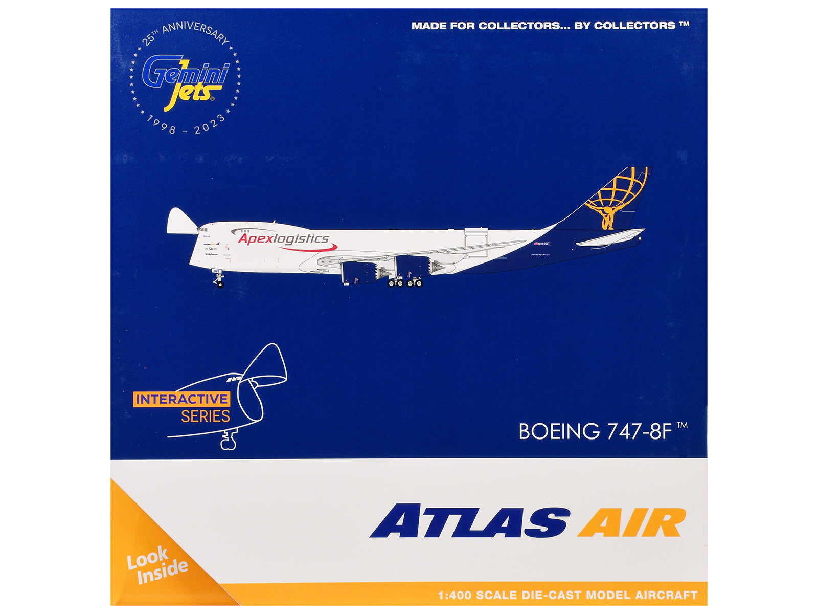 Boeing 747-8F Commercial Aircraft "Atlas Air - Apex Logistics" (N863GT) White with Blue Tail "Interactive Series" 1/400 Diecast Model Airplane by GeminiJets