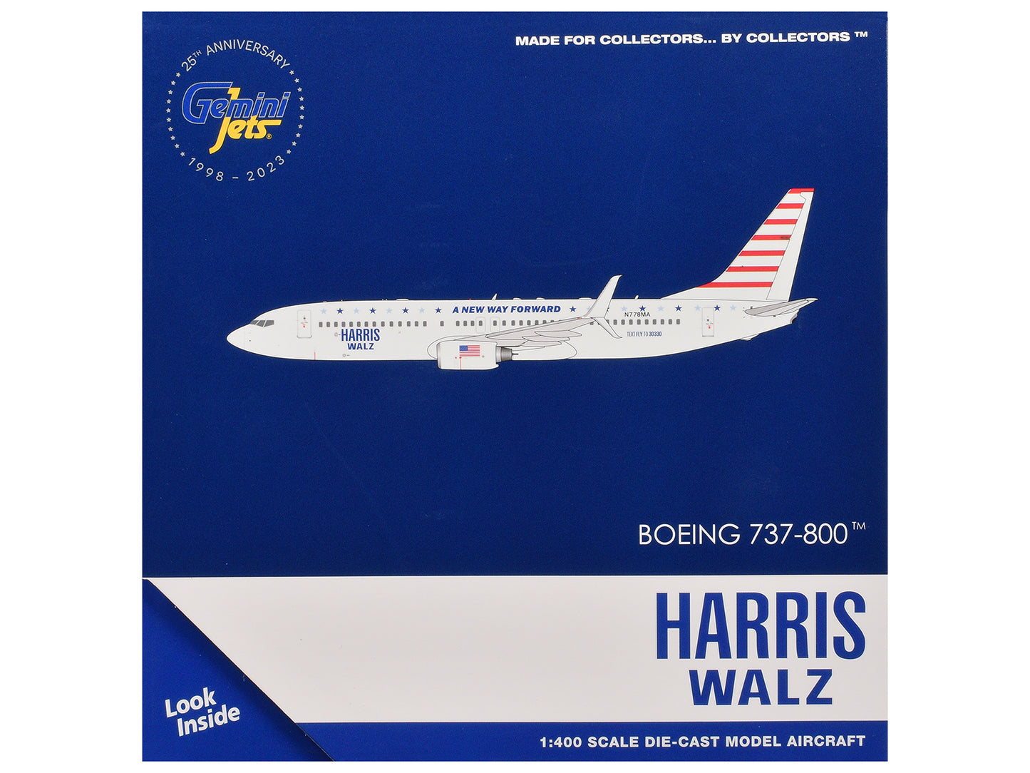 Boeing 737-800 Commercial Aircraft "Harris-Walz Campaign" (N778MA) White with Striped Tail 1/400 Diecast Model Airplane by GeminiJets