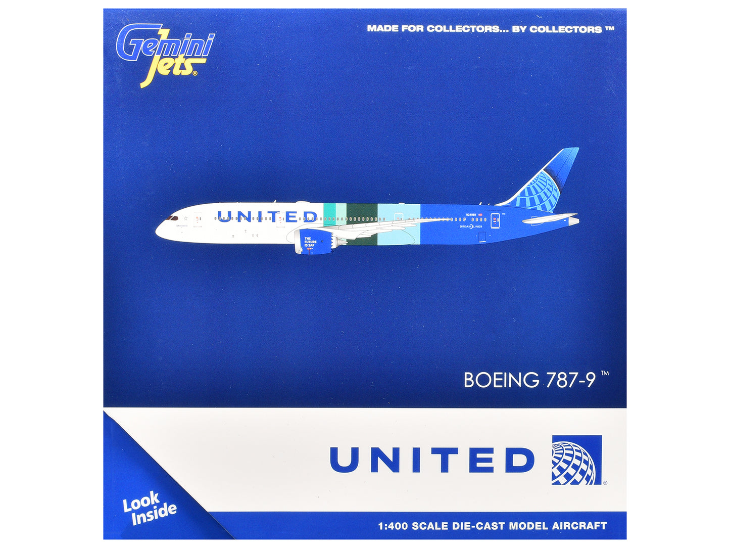 Boeing 787-9 Commercial Aircraft "United Airlines - The Future is SAF" (N24988) White and Blue with Stripes 1/400 Diecast Model Airplane by GeminiJets