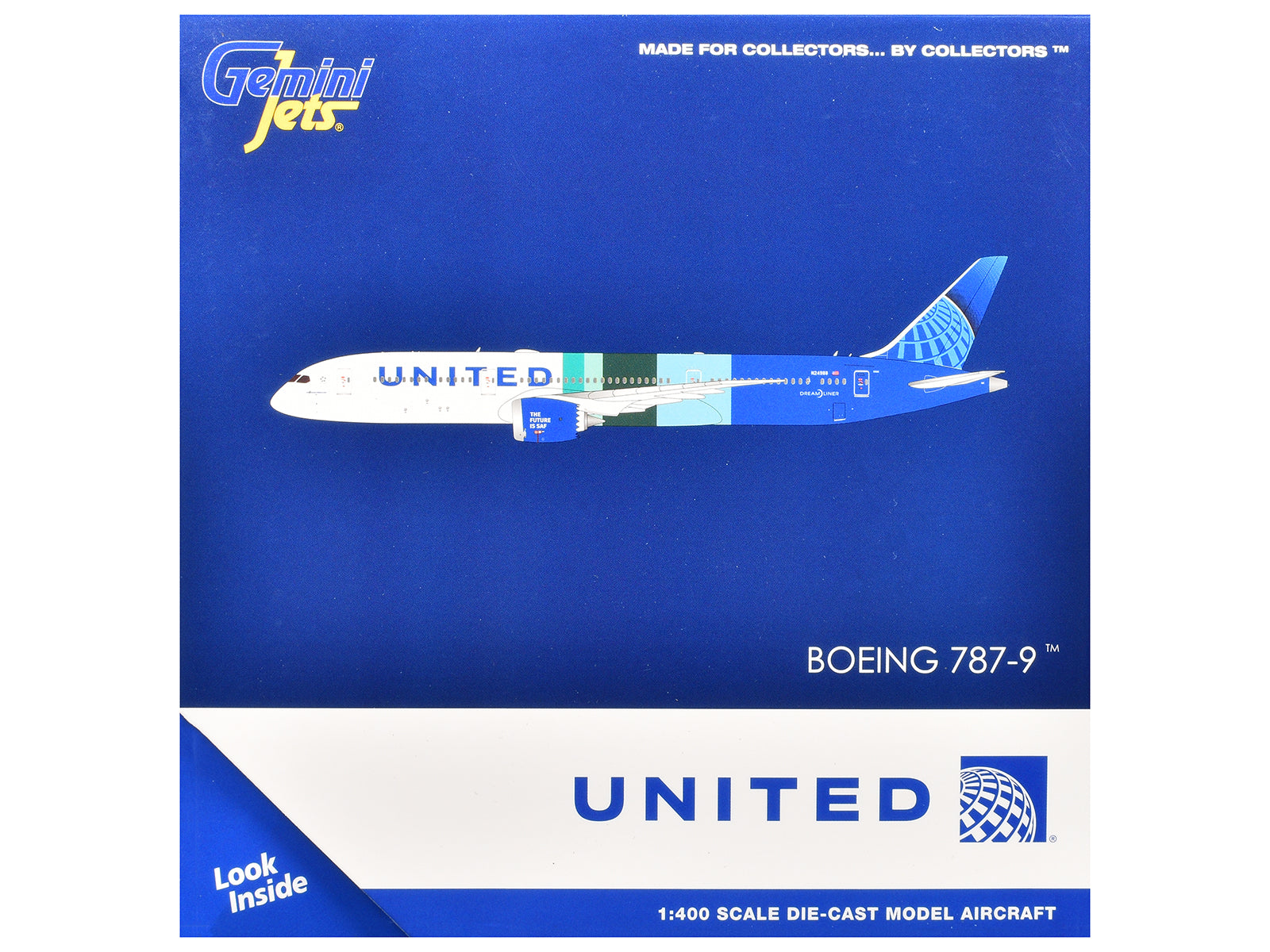 Boeing 787-9 Commercial Aircraft "United Airlines - The Future is SAF" (N24988) White and Blue with Stripes 1/400 Diecast Model Airplane by GeminiJets