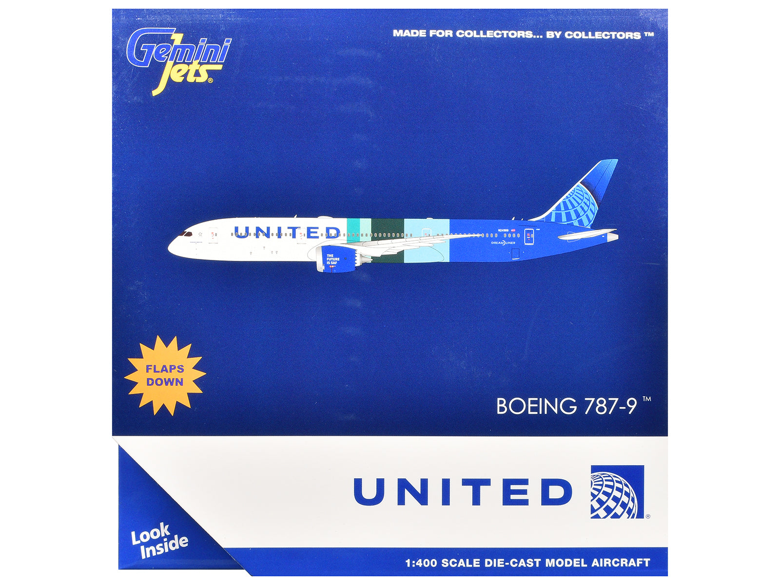 Boeing 787-9 Commercial Aircraft with Flaps Down "United Airlines - The Future is SAF" (N24988) White and Blue with Stripes 1/400 Diecast Model Airplane by GeminiJets