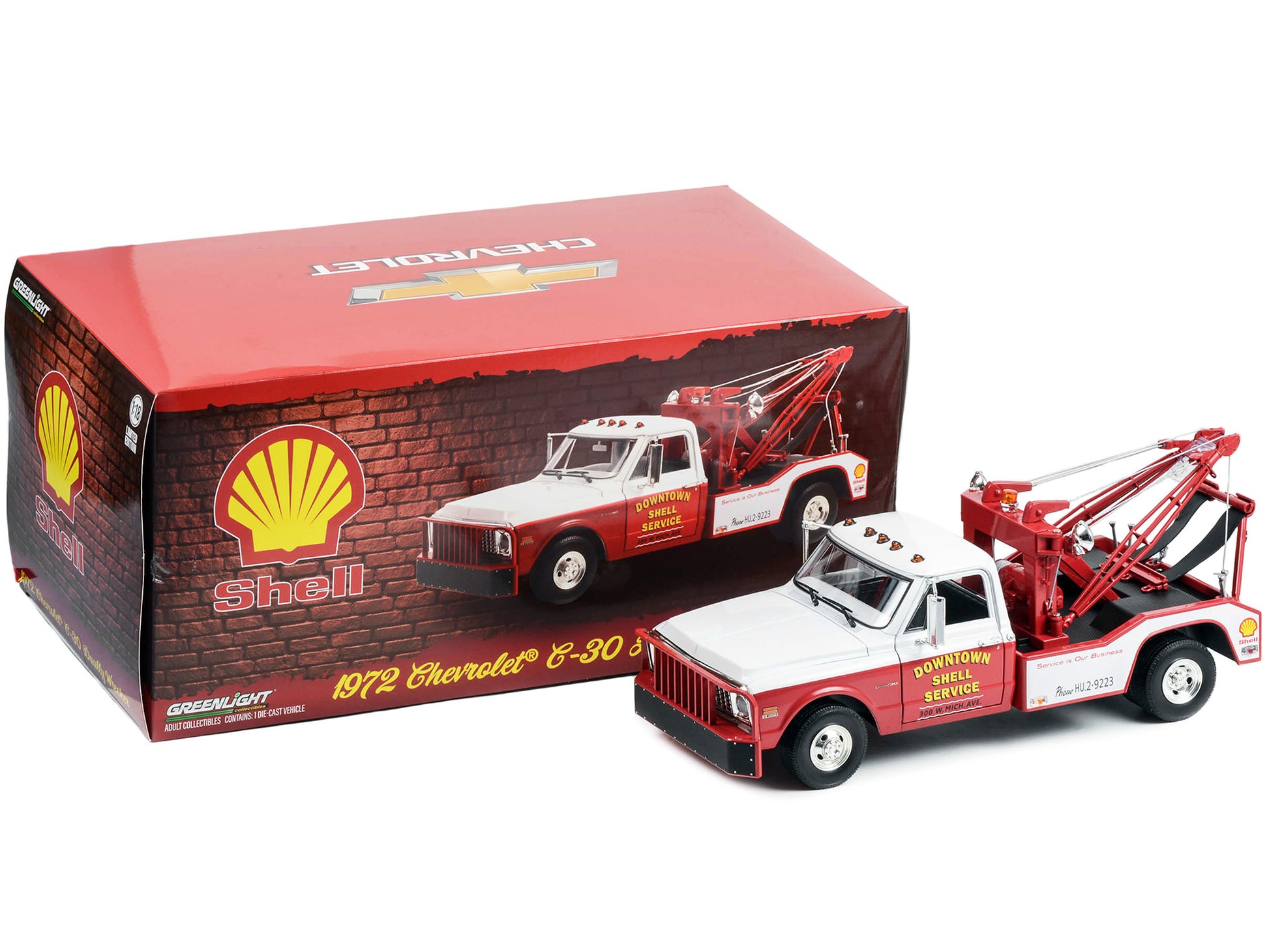 1972 Chevrolet C-30 Dually Wrecker Tow Truck "Downtown Shell Service - Service is Our Business" White and Red 1/18 Diecast Model Car by Greenlight 