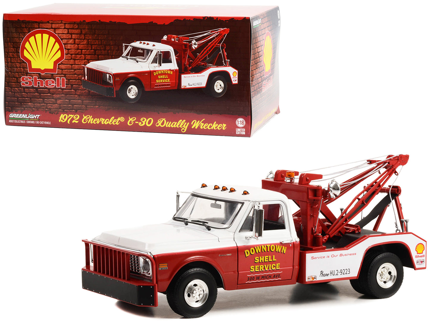 1972 Chevrolet C-30 Dually Wrecker Tow Truck "Downtown Shell Service - Service is Our Business" White and Red 1/18 Diecast Model Car by Greenlight 