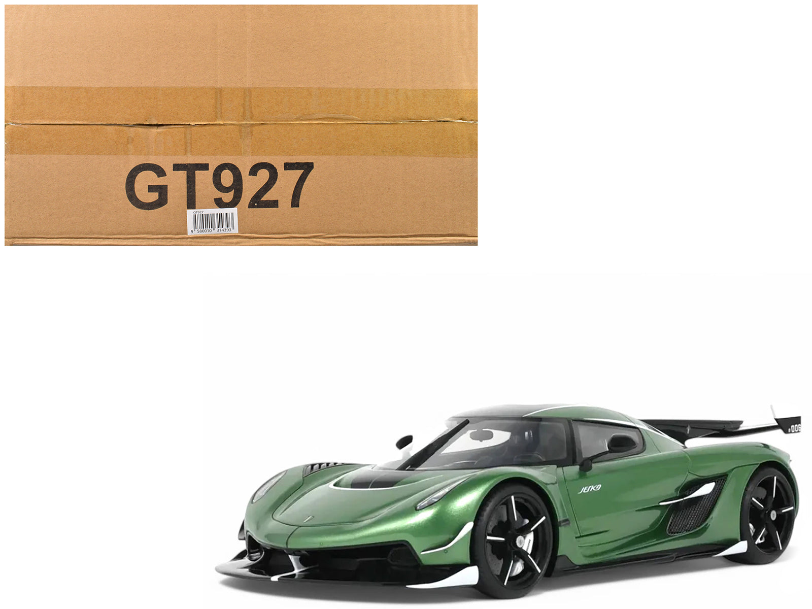 Koenigsegg Jesko Green Metallic with Black Stripes 1/18 Model Car by GT Spirit