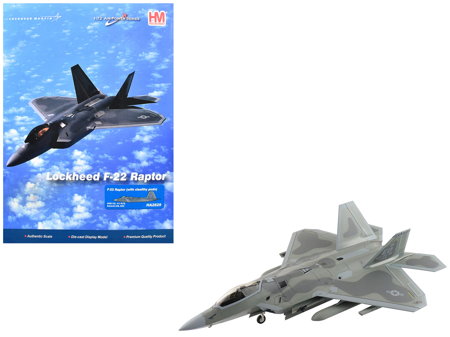 Lockheed F-22 Raptor Stealth Aircraft with Steakthy Pods "AF06-132 411th Flight Test Squadron Edwards Air Force Base" (2022) United States Air Force "Air Power Series" 1/72 Diecast Model by Hobby Master