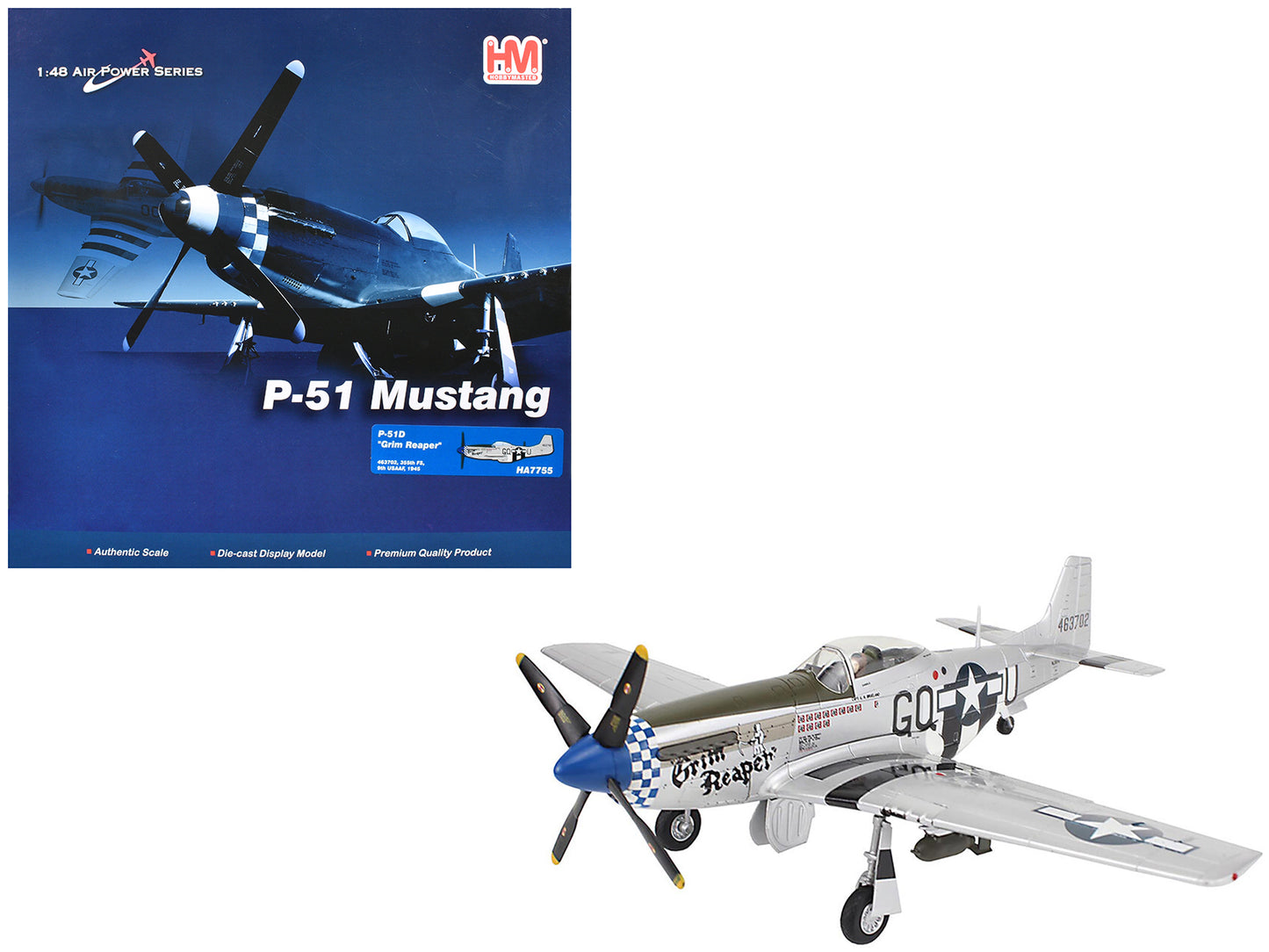 North American P-51D Mustang Fighter Aircraft "463702 Grim Reaper 355th Fighter Squadron 9th U.S. Army Air Force" (1945) United States Army Air Forces "Air Power Series" 1/48 Diecast Model by Hobby Master