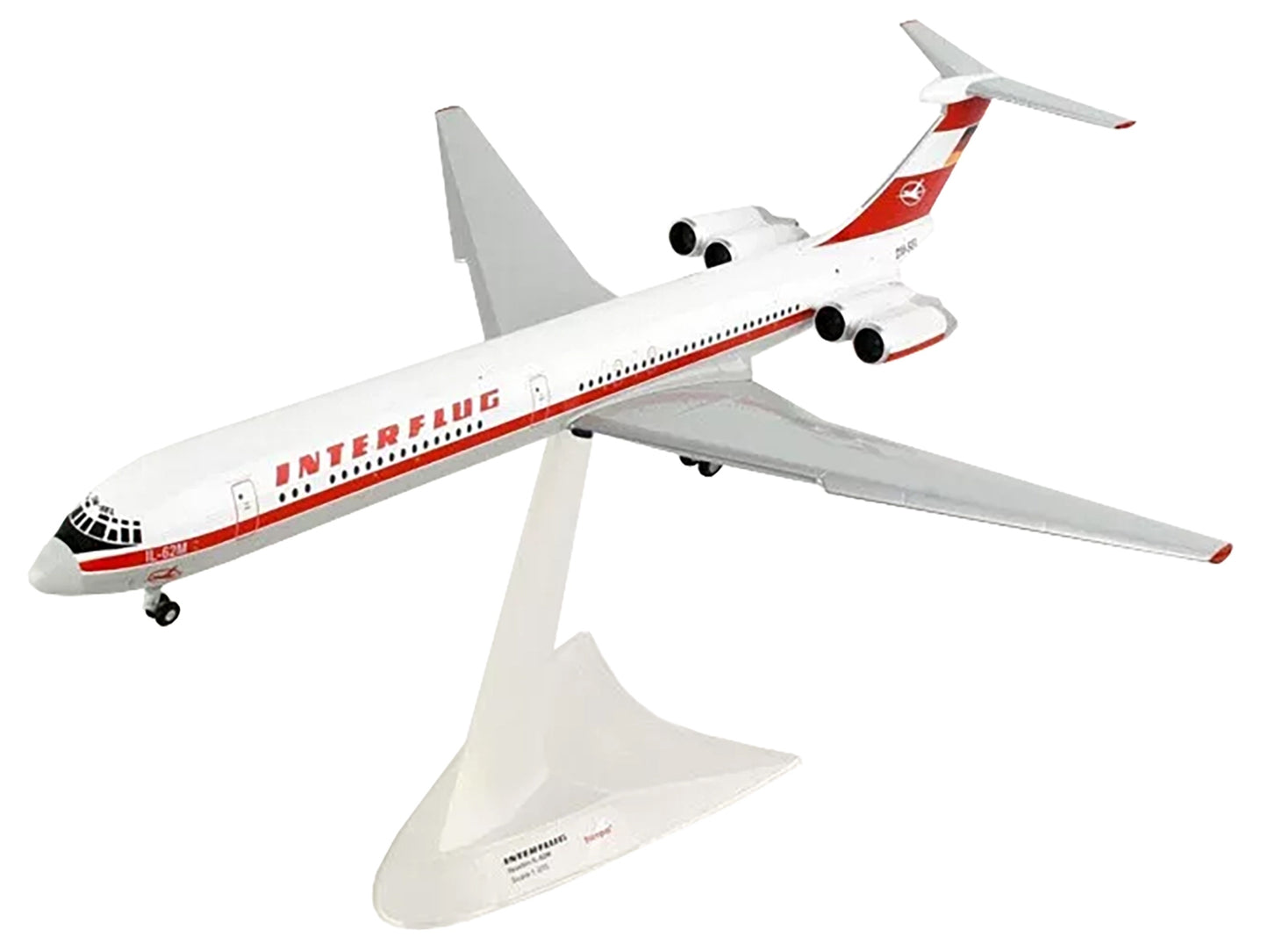 Ilyushin IL-62M Commercial Aircraft "Interflug" (DDR-SEO) White with Red Stripes and Tail 1/200 Diecast Model Airplane by Herpa