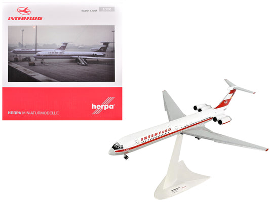 Ilyushin IL-62M Commercial Aircraft "Interflug" (DDR-SEO) White with Red Stripes and Tail 1/200 Diecast Model Airplane by Herpa