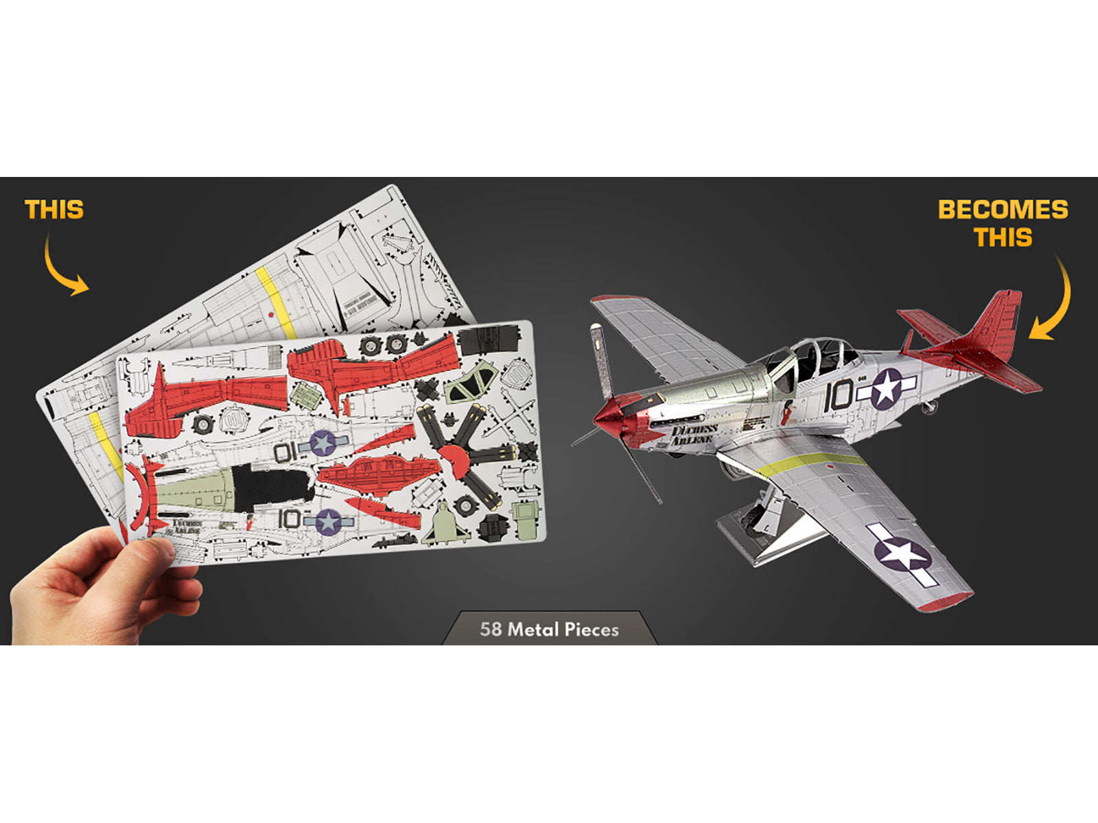 Model Kit North American P-51D Mustang Fighter Aircraft "Tuskegee Airmen Duchess Arlene 100th Fighter Squadron" United States Army Air Forces (Challenging Difficulty) Steel Model by Metal Earth