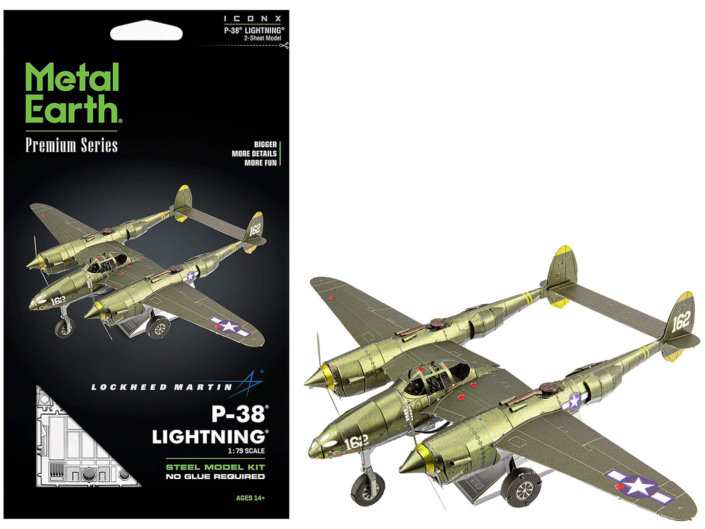 Model Kit Lockheed Martin P-38 Lightning Fighter Aircraft "#162" United States Army Air Forces (Challenging Difficulty) Model by Metal Earth
