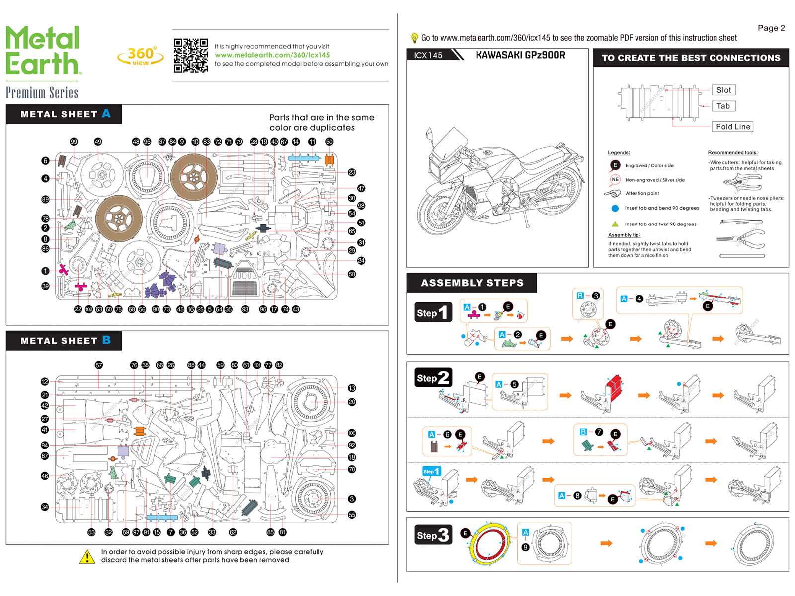 Model Kit Kawasaki GPz900R Motorcycle Red and Black (Challenging Difficulty) Steel Model by Metal Earth