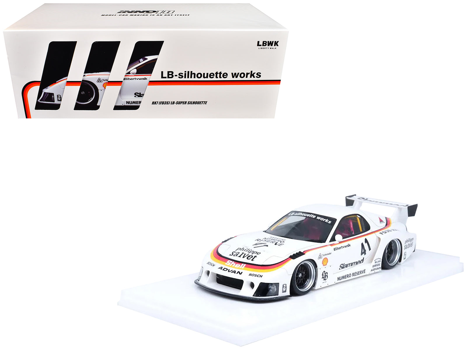 Mazda RX7 (FD3S) LB-Super Silhouette RHD (Right Hand Drive) #41 White with Stripes and Graphics 1/18 Model Car by Inno Models
