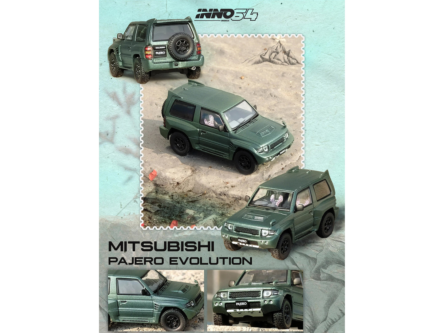 Mitsubishi Pajero Evolution RHD (Right Hand Drive) Satin Green Metallic 1/64 Diecast Model Car by Inno Models