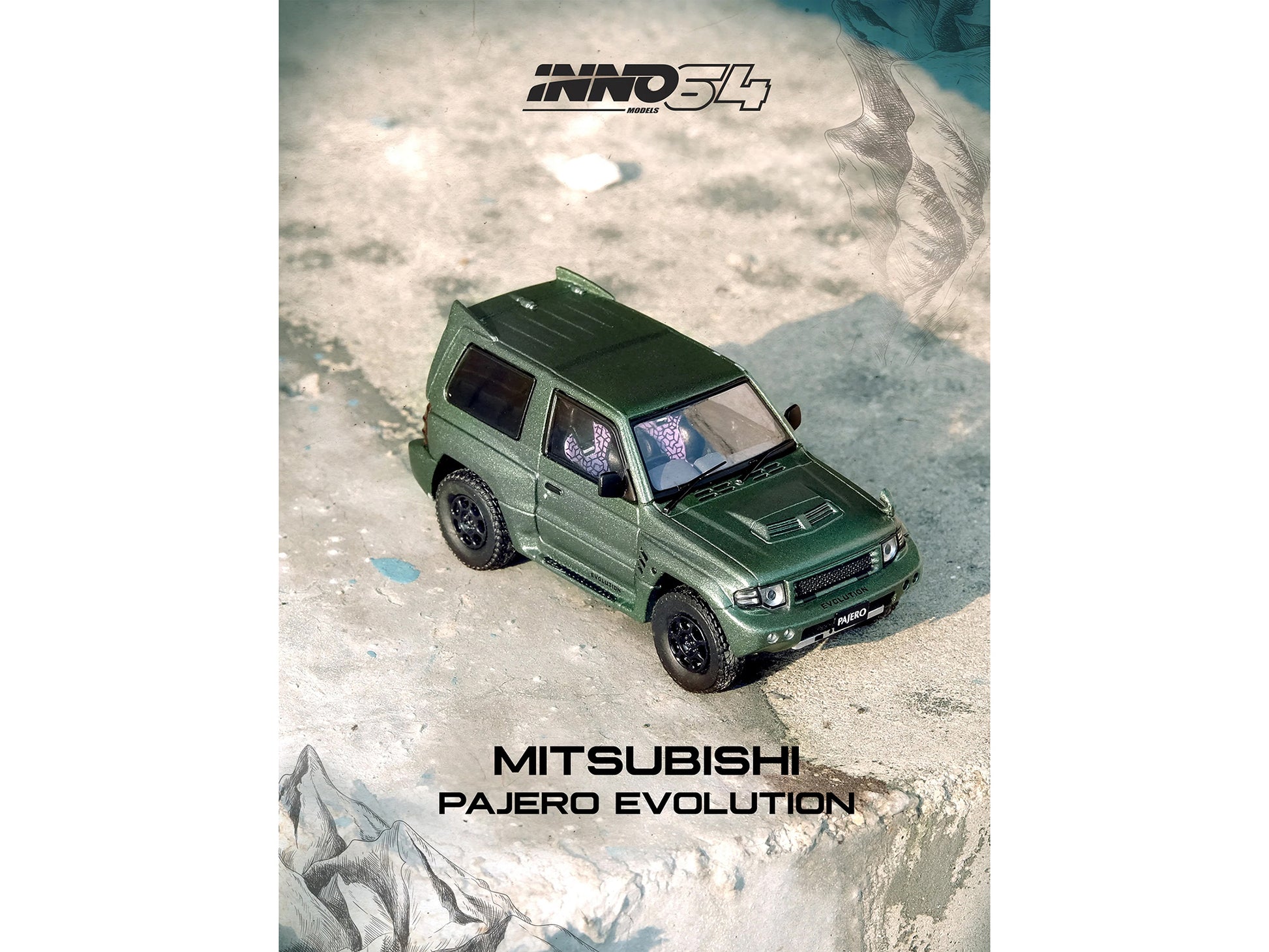 Mitsubishi Pajero Evolution RHD (Right Hand Drive) Satin Green Metallic 1/64 Diecast Model Car by Inno Models