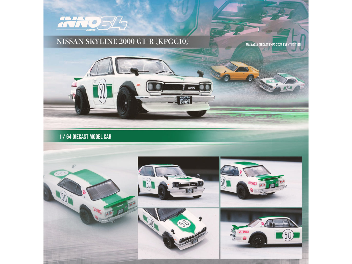 Nissan Skyline 2000 GT-R (KPGC10) #50 RHD (Right Hand Drive) White with Green Stripes "Malaysia Diecast Expo Event Edition" (2023) 1/64 Diecast Model Car by Inno Models