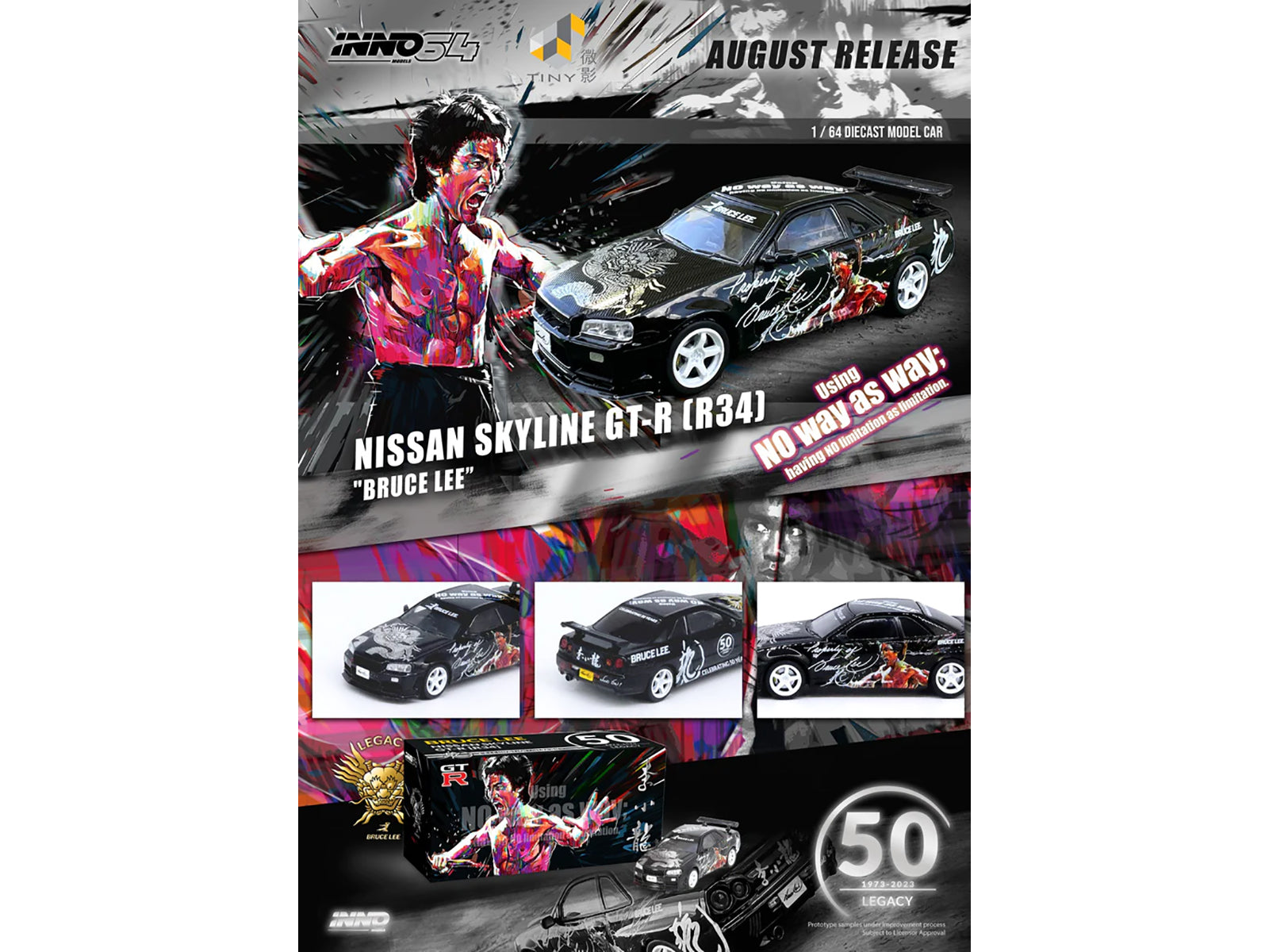 Nissan Skyline GT-R (R34) RHD (Right Hand Drive) Black "Bruce Lee Legacy 50 Year Anniversary" 1/64 Diecast Model Car by Inno Models