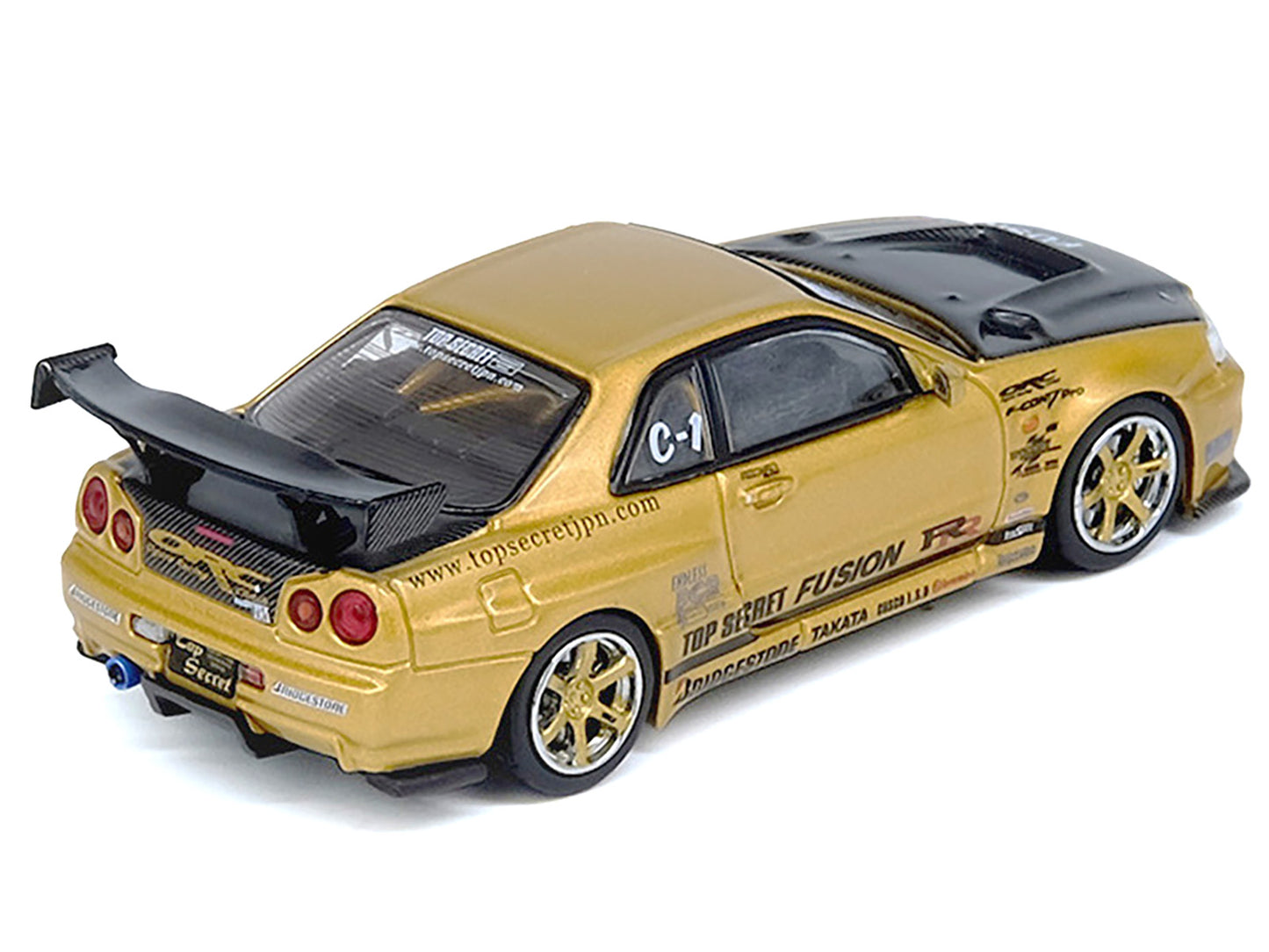 Nissan Skyline GT-R (R34) RHD (Right Hand Drive) "Top Secret" Gold Metallic with Carbon Hood and Trunk 1/64 Diecast Model Car by Inno Models