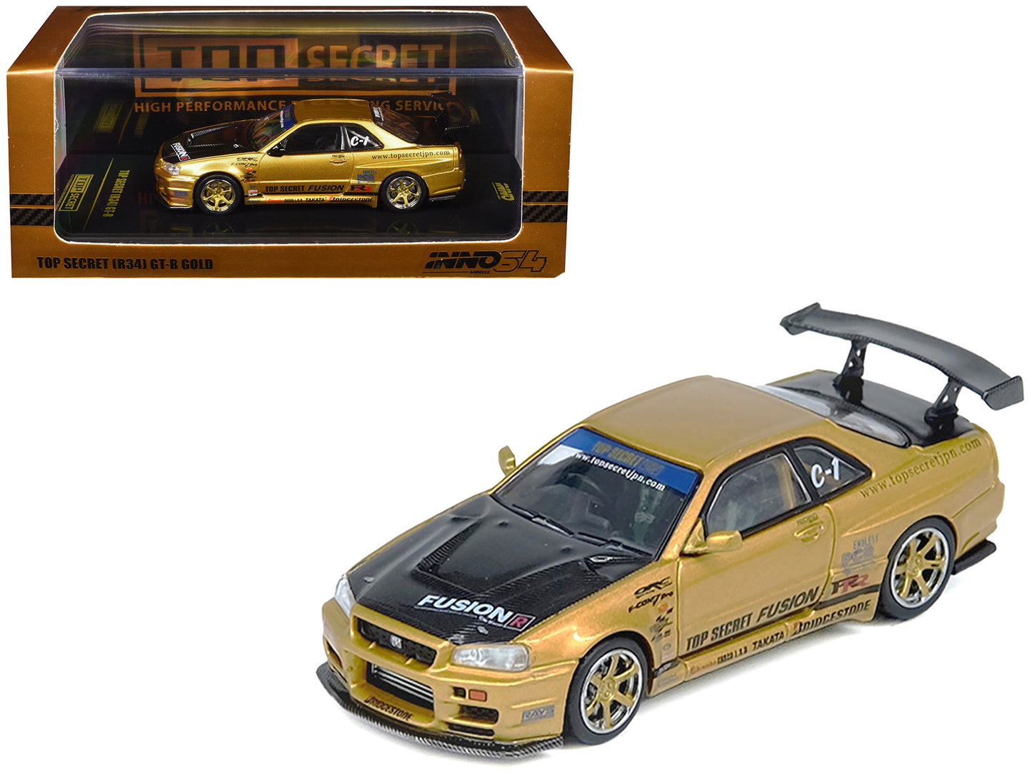 Nissan Skyline GT-R (R34) RHD (Right Hand Drive) "Top Secret" Gold Metallic with Carbon Hood and Trunk 1/64 Diecast Model Car by Inno Models