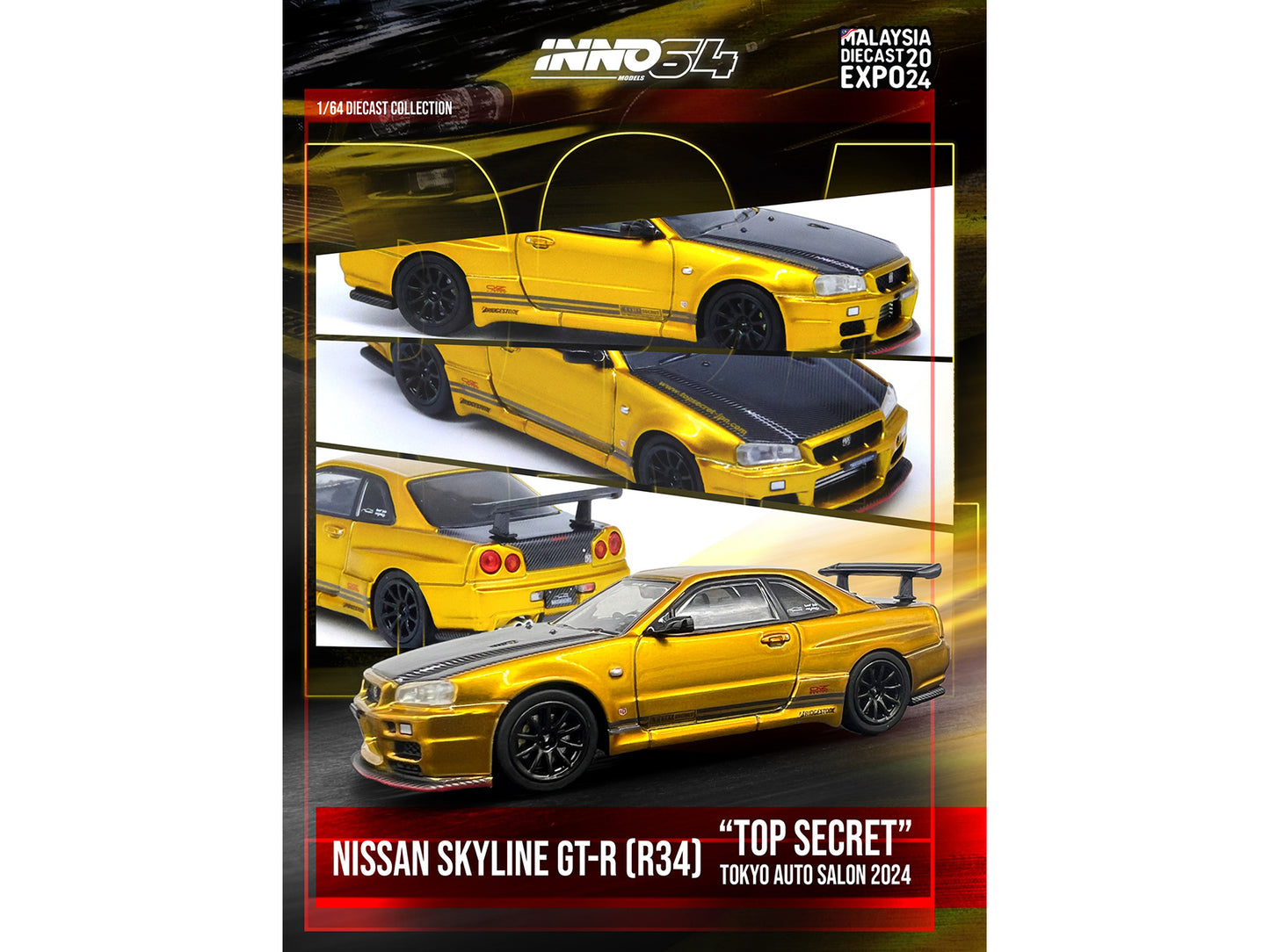 Nissan Skyline GT-R (R34) "Top Secret" RHD (Right Hand Drive) Gold Metallic with Carbon Hood and Trunk "Tokyo Auto Salon 2024 - Malaysia Diecast Expo 2024" 1/64 Diecast Model Car by Inno Models