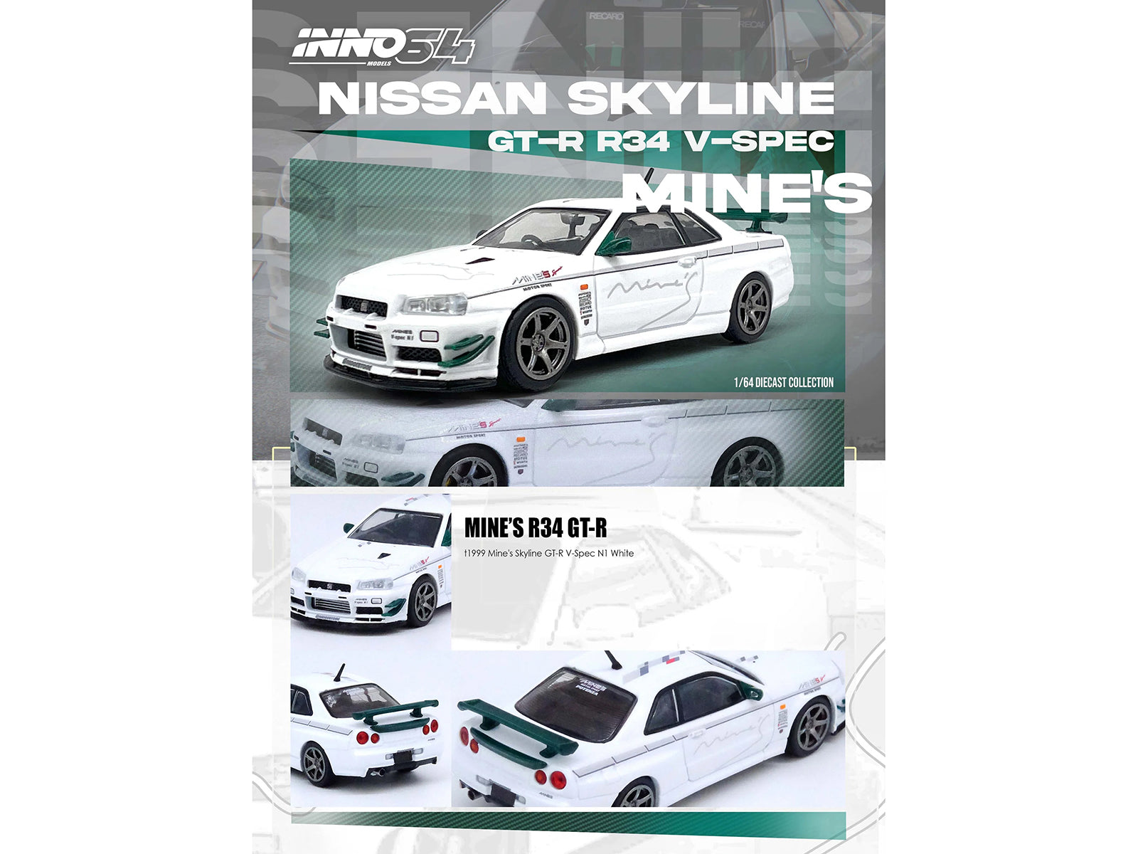 Nissan Skyline GT-R (R34) V-SPEC N1 RHD (Right Hand Drive) "Tuned by Mine's" White 1/64 Diecast Model Car by Inno Models